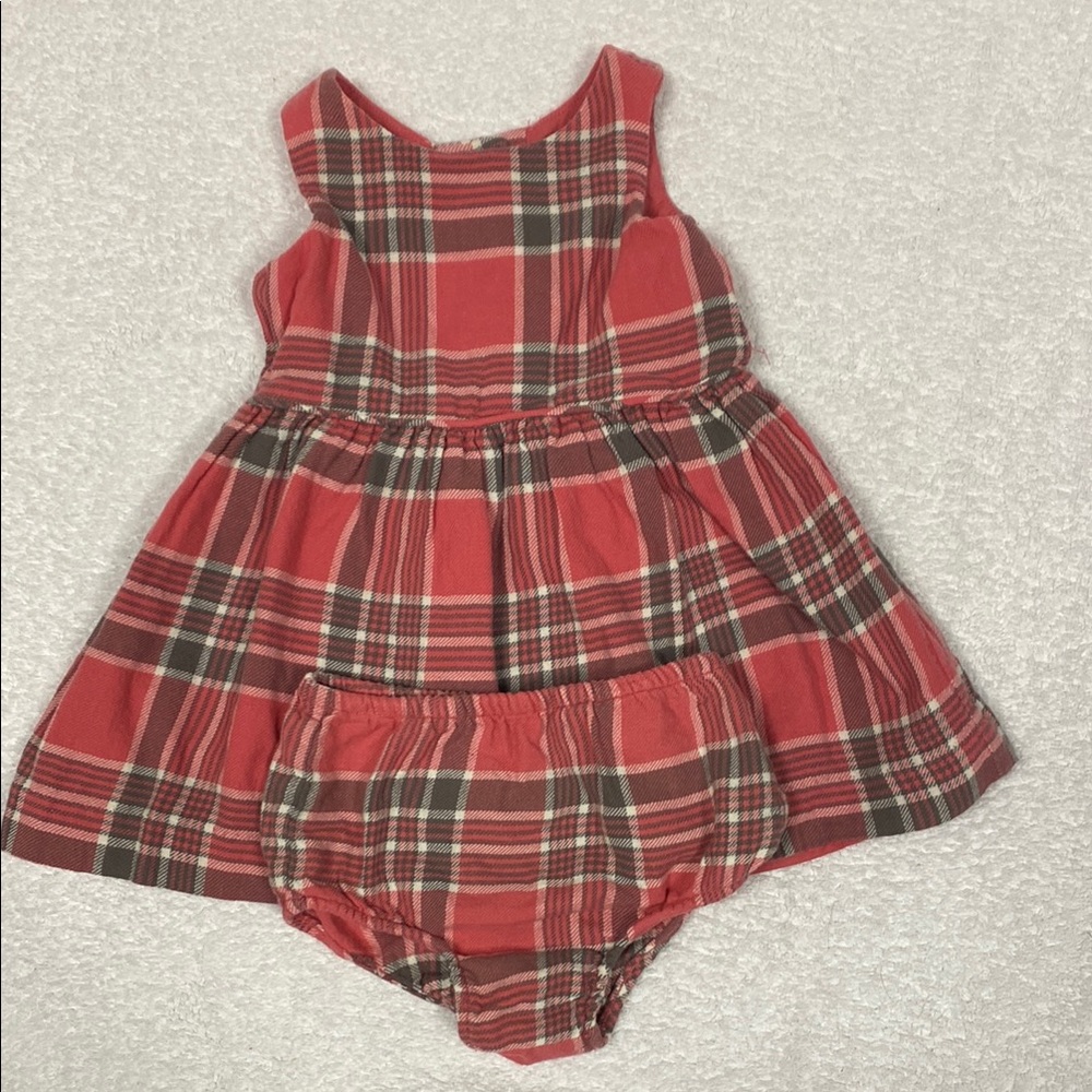 Ralph Lauren pink grey plaid flannel fit and flare dress bloomer set 6m